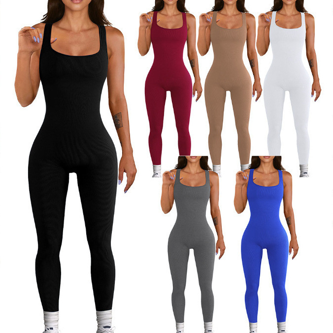 2024 Foreign Trade Women's Solid Color Sleeveless Vest Jumpsuit Threaded Square Collar Backless Hip Slim-Fit Sports Jumpsuit