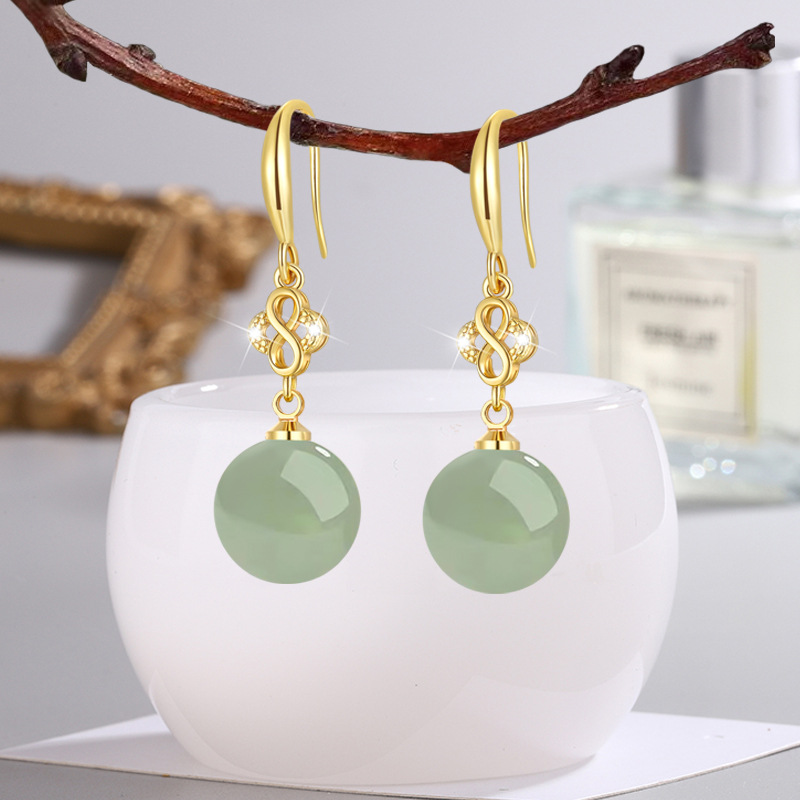 Ethnic Style Vintage High Imitation Hetian Jade Earrings Female Zircon Green Sapphire Bi Chalcedony Earrings Gem Ear Hook Earrings