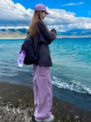 紫色美式速干工装裤女薄款高腰运动登山阔腿裤