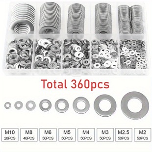 360Pcs/Box Round Flat Pad Spring Washer Gasket Boxed M2-M10 Size