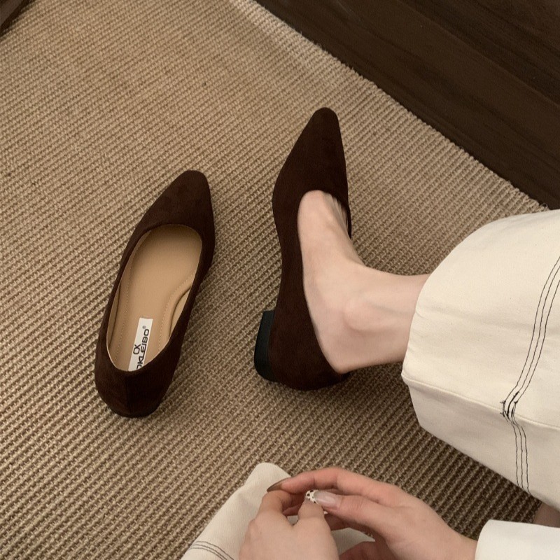 法式复古方头浅口低跟单鞋女鞋子2025年春秋季新款绒面平底晚晚鞋|undefined
