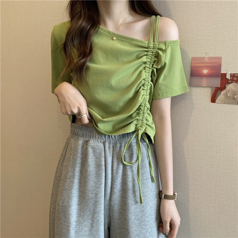 フレンチワンショルダー オフショルダー 半袖 Tシャツ レディース 夏デザイン ニッチ ユニーク シック ショート ドローストリング トップ|undefined