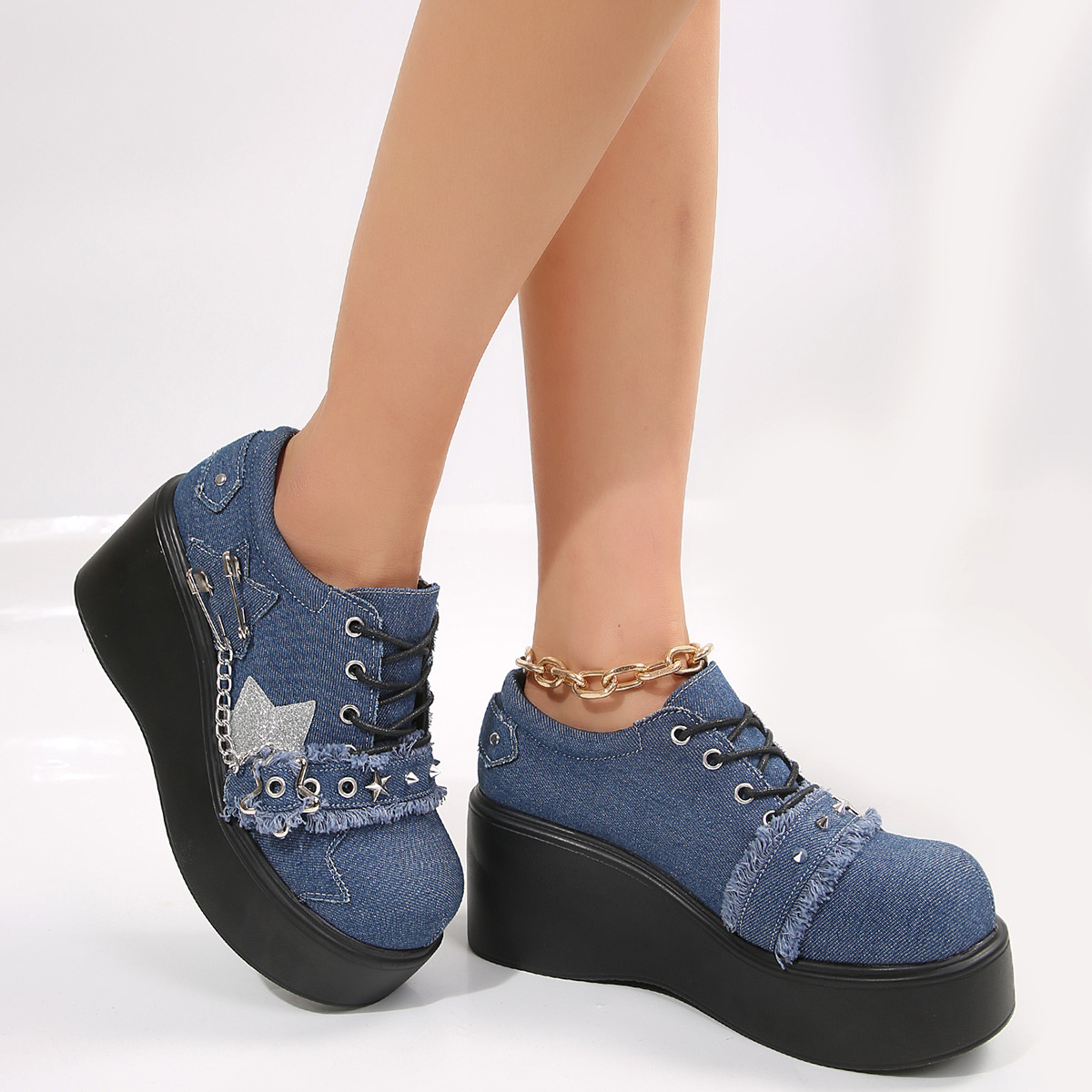 Women's plus Size Platform Wedge Shoes Denim round Toe Rivet JK Mary Jane Spring New Style_voghion.com