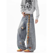 跨境美式复古直筒牛仔裤男女新款破洞裤子小熊刺绣设计阔腿长裤