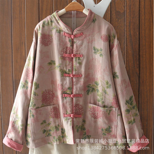 Chinese Retro Cotton and Linen Printed Shirt Jacket Women's Autumn Double-Breasted Button Bat Sleeves Loose Outer Long-Sleeved Top