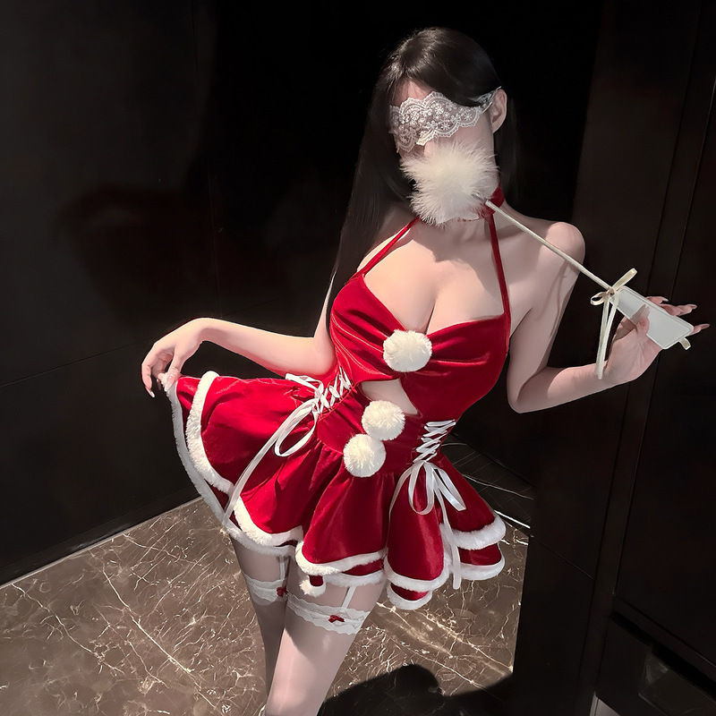 Sexy Lingerie with a Bowknot Halter Neck, Red Dress with Pom-Pom Straps, and a Christmas Night Vibe Backless Dress