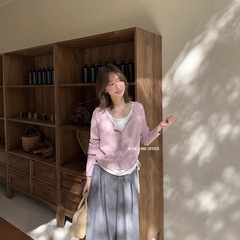 假两件针织衫女韩版设计感百搭通勤简约拼色长袖T恤上衣早秋新款