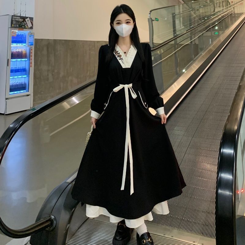 Simple Commuter Korean Style Splicing Dress Spring New Style High Tone Slimming Extra Long New Chinese Style