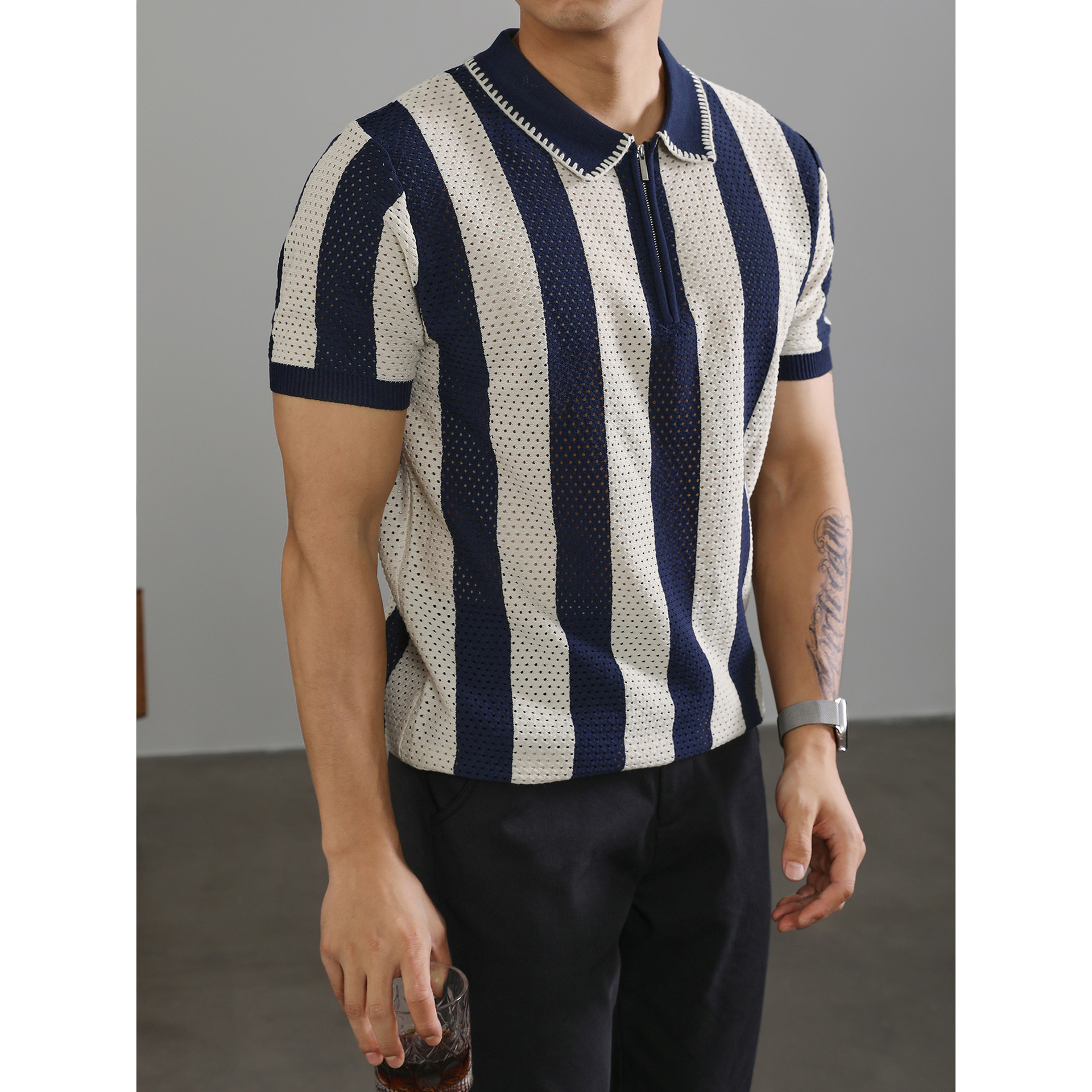 POLO camisa solapa suéter de manga corta hombres rayas huecas media cremallera negocios británicos verano comercio exterior transfronterizo al por mayor