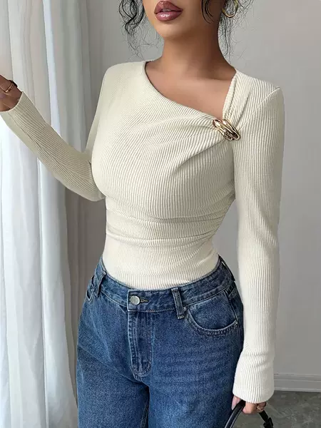 European and American Cross-Border Export Women's Clothing Amazon Temu Xiyin Fashion Metal Texture Buckle Slant Collar Pit Strip Long-Sleeved T-Shirt