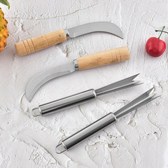 Full steel pineapple corer fruit knife wood handle pineapple knife banana curved knife kitchen small tools peeler
