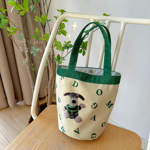 Fun Cartoon Cute Dog Cylinder Lunch Box Bag Personalized Creative Letter Portable Student Commuting Contrast Color Lunch Box Bag