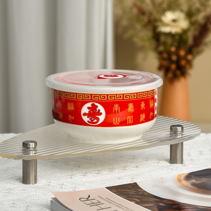 Cerámica vieja caja de almuerzo de cumpleaños, tazón de fiesta, tazón de regalo rojo, agradecimiento, tazón de preservación con cubierta, microondas