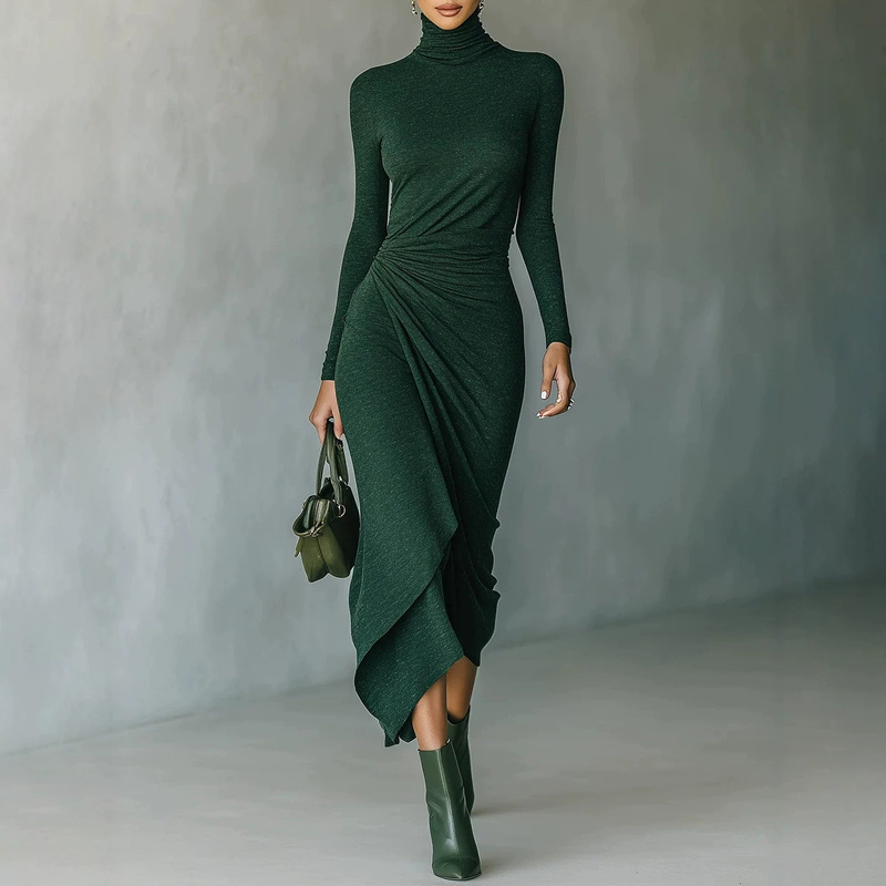 New European and American cross-border independent station foreign trade autumn and winter elegant high-neck waist-cinching asymmetrical wrap dress for women New European and American cross-border independent station foreign trade autumn and winter elegant high-neck waist-cinching asymmetrical wrap dress for women