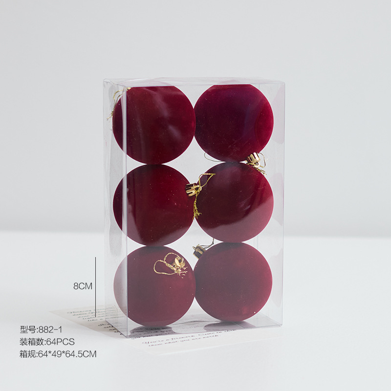 Nuevos productos transfronterizos árbol de Navidad decoración bola colgante rojo oscuro vino rojo floqued bola de Navidad pintada bola de forma diferente
