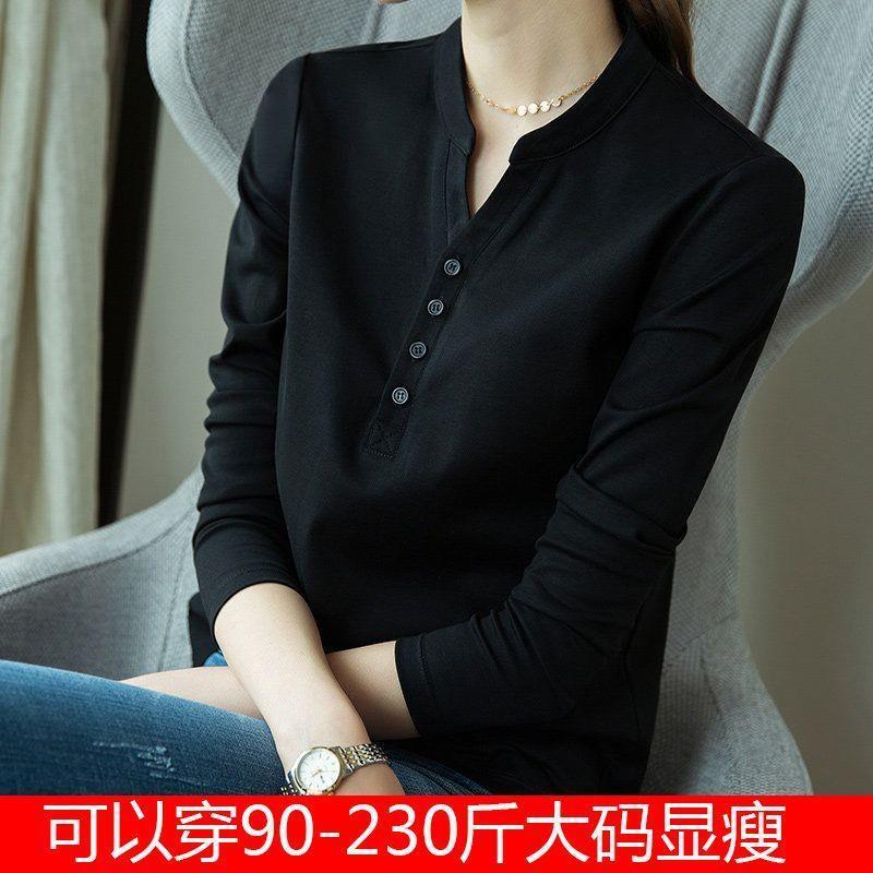 大码胖妹妹V领T恤230斤宽松显瘦春秋季长袖打底衫女上衣薄款|undefined