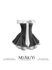 MoXiuYi 【现货】格雷系蝶结撞色拼接一字肩抹胸连衣裙蓬蓬裙