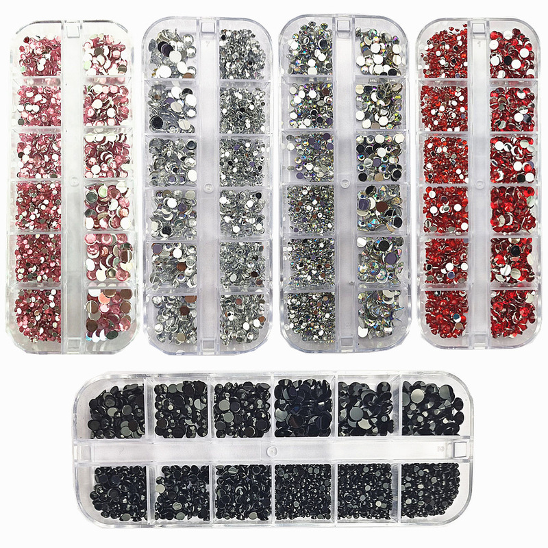 Nail Art Decorations 12-Compartment Acrylic Rhinestones Silver Ab Red Mixed Sizes Resin Flat-Back Nail Stickers