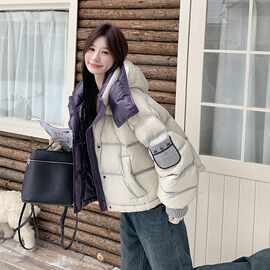 撞色拼接短款连帽羽绒外套女冬季2025新款韩系面包服90白鸭绒厚