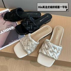 French style slippers, satin cross braid, open toe low heel sandals for women, summer outerwear 051703