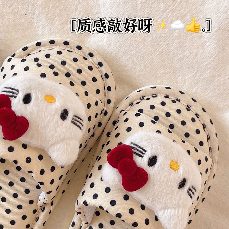 Hello Kitty Cat Cartoon Cute Four-Season Linen Slippers for Women Home Indoor Breathable Non-Slip Cotton and Linen Slippers