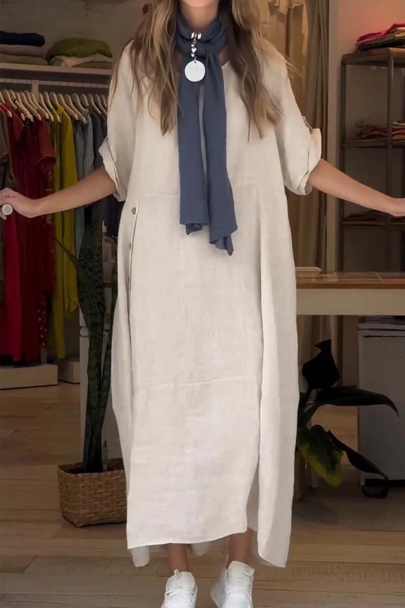 New 2024 women's summer style loose fitting casual solid color short sleeved cotton linen dress_voghion.com