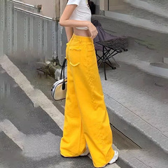 多巴胺黄色工装牛仔裤女春秋新款高街宽松百搭显瘦高腰直筒阔腿裤