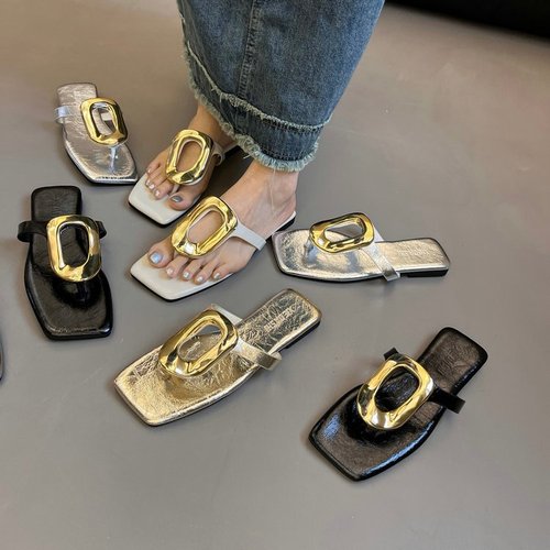 2025 New Square Toe Open-Toe Human Word Outerwear Compatible Toe Slip-On Casual Flat Metal Button Minority Sandals Summer