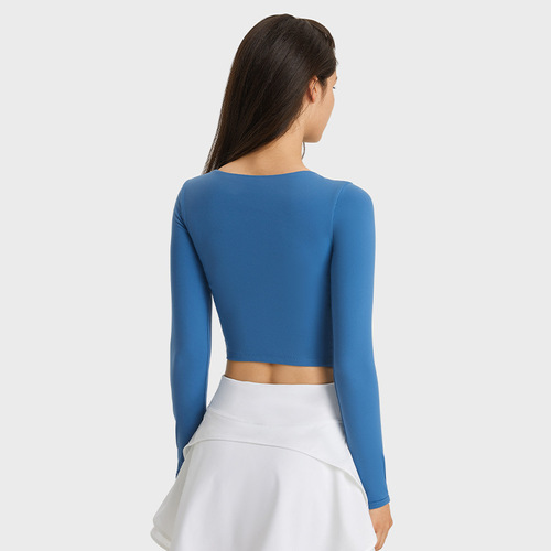 A new model of drop-shipping yoga long-sleeved tops with chest pads for women, waist-revealing short sexy running sports fitness clothes