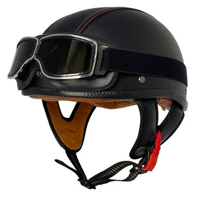 small helmet body, Motosiklet kaskı (dəbilqə) - black-and-red-line-leather-helmet-square-retro-mirror-m