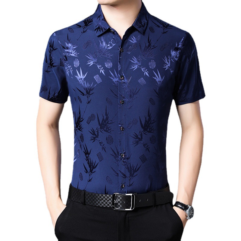 Camisa floral de seda de hielo de los hombres de mediana edad manga corta verano Delgado negocio casual papá media manga verano camisa de seda artificial