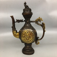 仿古大清乾隆年制古董紫铜铜器双面龙酒壶茶壶鎏金手工刻花铜壶