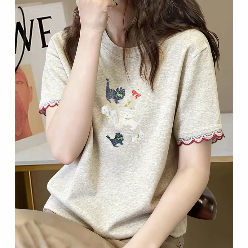 European-style cartoon print round-neck short-sleeve t-shirt for women, new summer fashion versatile slim-fit top, ins new style