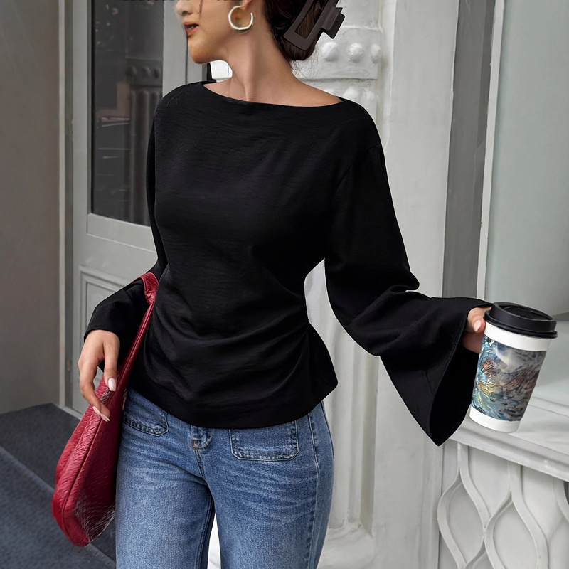 2025 European and American New Style Solid Color Fashion Casual Versatile Waist-Cinching Boat Neck Unique Street Style Flared Long-Sleeve Top T-Shirt