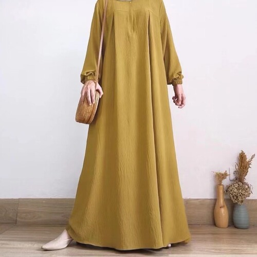 Eastern Pure Color Long Sleeve Zipper Crew Neck Dress Muslim Long Skirt Factory Wholesale Elegant