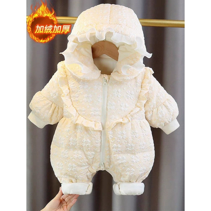 婴儿羽绒棉服连体衣女满月小公主哈衣百天冬季保暖抱衣外出服宝宝