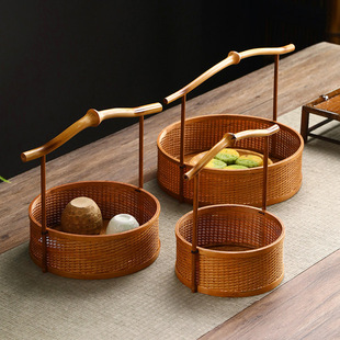 Bamboo Portable Round Basket, Handmade Bamboo Basket, Lacquer Tea Set Storage Basket, Fruit Basket, Bamboo Basket, Retro Snack Basket