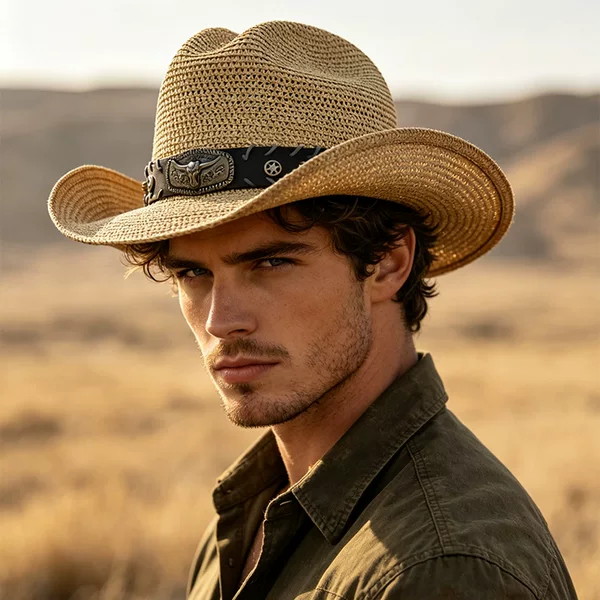 Outdoor Rolled-Brim Beach Straw Hat, Seaside Western Cowboy Hat, Sun Hat with Accessories, New Style Knight Sun Protection Hat for Men