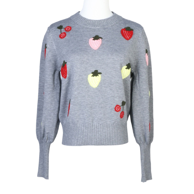 Internet Hot Korean Style Retro Strawberry Embroidered Knitted Sweater Women's Autumn New Grey Fashionable Short Slim-fit Inner Sweater
