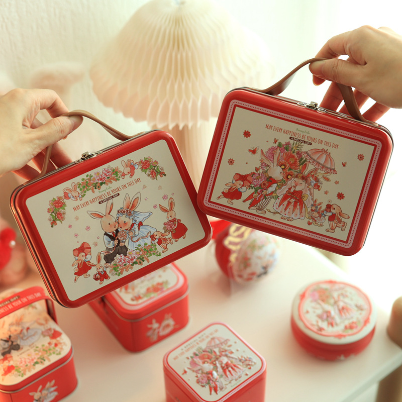 Small suitcase, little rabbit, wedding candy box, wedding box, accompanying gift box, baking small iron box, gift packaging box red