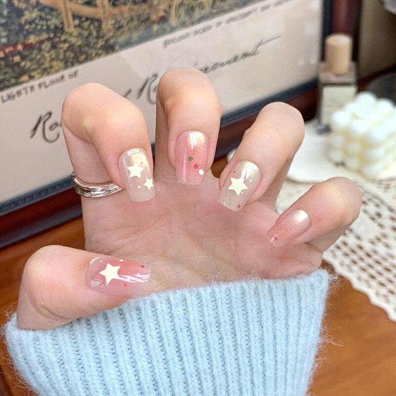 夏日五角星穿戴甲猫眼彩色可爱风甜美星星短方甲可拆卸美甲贴卡通|undefined