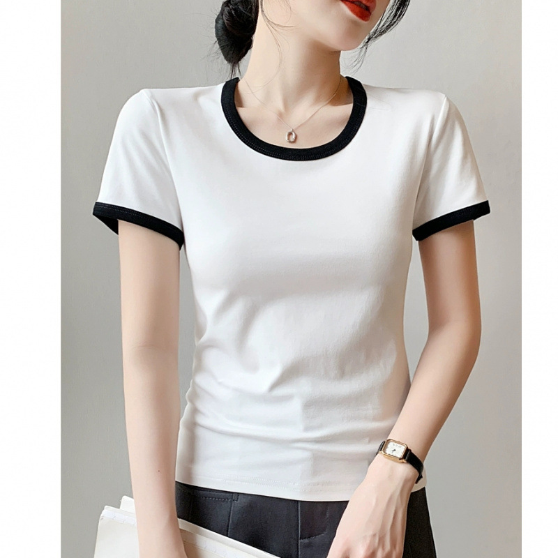 Contrast Color Stitching Small Round Neck Short-sleeved T-shirt Women's 2025 Summer Slim-fit All-match Korean Style Top Ins Half-sleeved T-shirt
