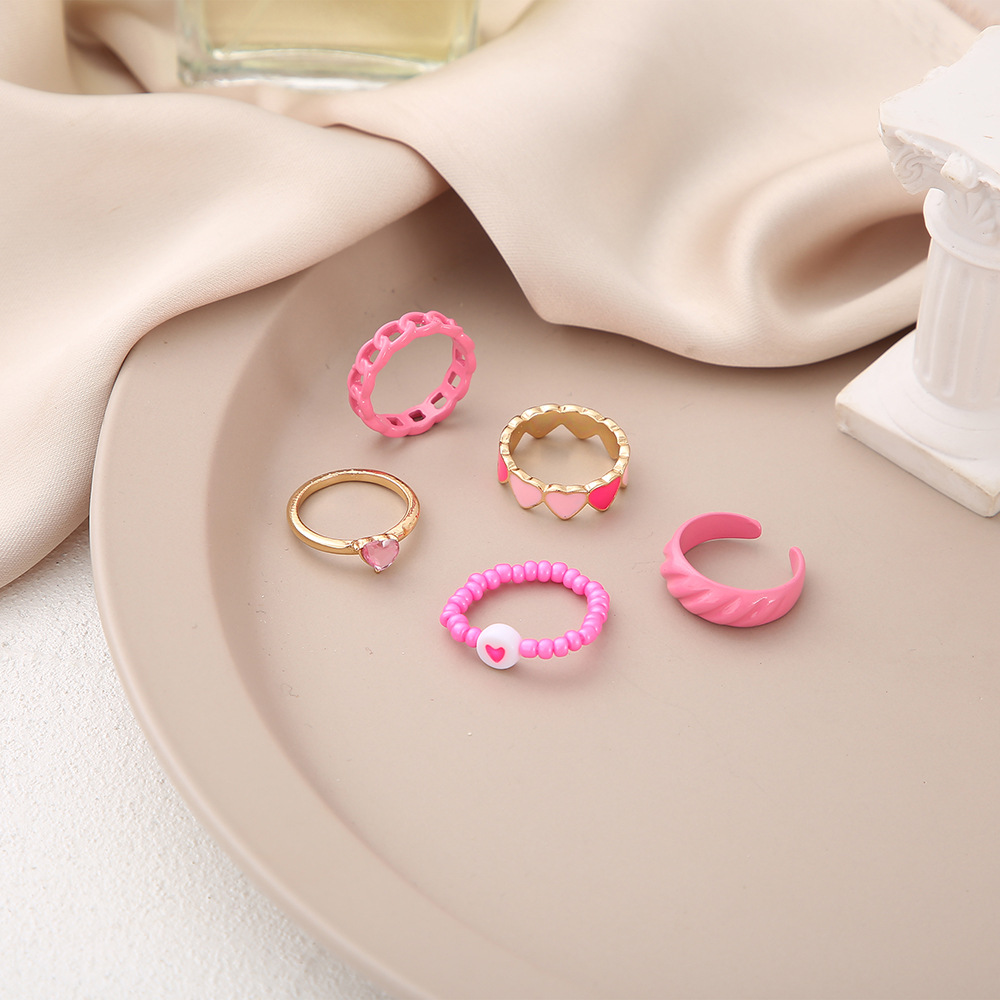 Korean Style Women's Tail Ring Pink Zircon Drop Oil Heart Striped Ring 5-piece Set display picture 3