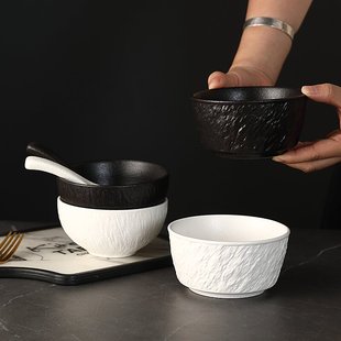 Ceramic Tableware Rice Bowl Simple Accessible Luxury High-End Black and White Dessert Bowl Small Bowl Rice Bowl Eating Spoon Small Spoon