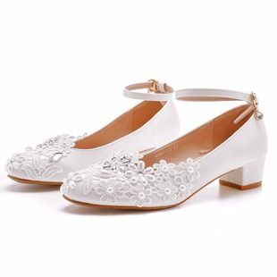 Foreign Trade Large Size 3cm Square Heel Round Toe Single Shoes with Single Shoes Spring and Autumn Lace Bridal Shoes Female Pregnant Women Wedding Shoes