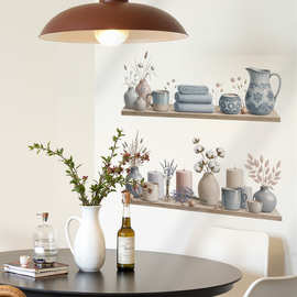 蓝色盆栽隔板贴画厨房瓶罐棉花装饰墙贴画跨境花卉热销贴纸 66075