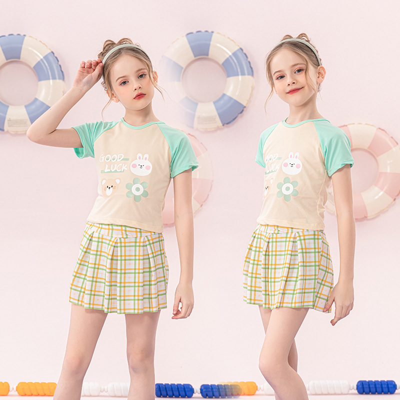 Traje de baño nuevo de verano para niñas, diseño a cuadros con bloques de color, conjunto conservador de dos piezas para niñas mayores, elegante traje de baño para aguas termales.