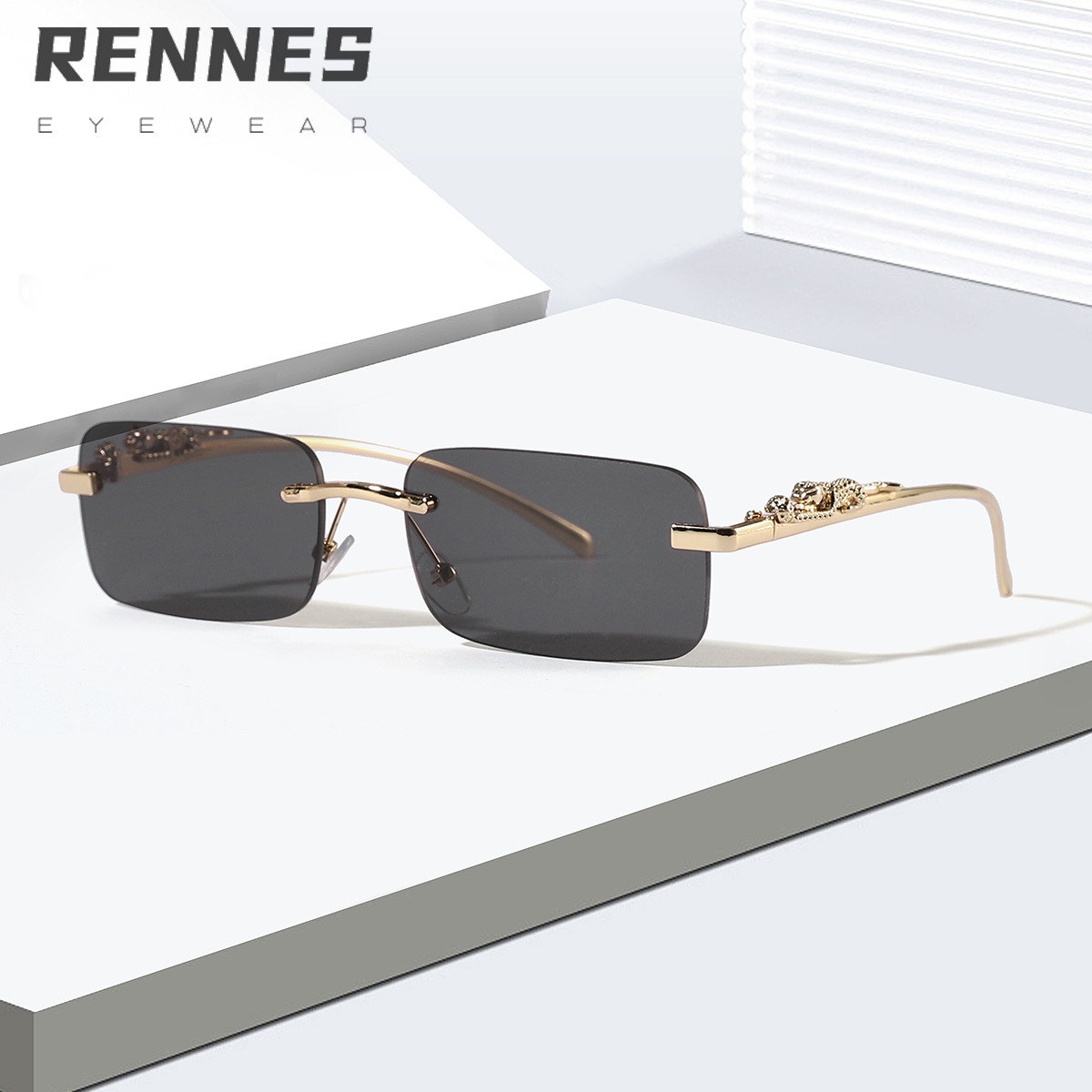 Moda europea y americana nuevas gafas de sol rectangulares sin marco Gafas de sol decorativas de leopardo de personalidad masculina Gafas de sol de tendencia transfronteriza