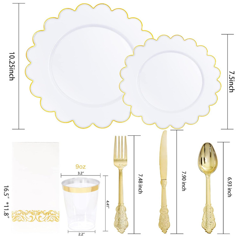 Disposable Ps Plastic Dinner Plates Party Wedding Tableware Set Western Dinner Plates Gold-Stamped Round Plates Dinner Plates Factory Wholesale