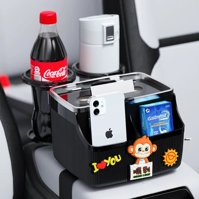Storage Box, Car tissue box/set - smoothblack-bottom-double-cup-holder-7th-generation-upgraded-version